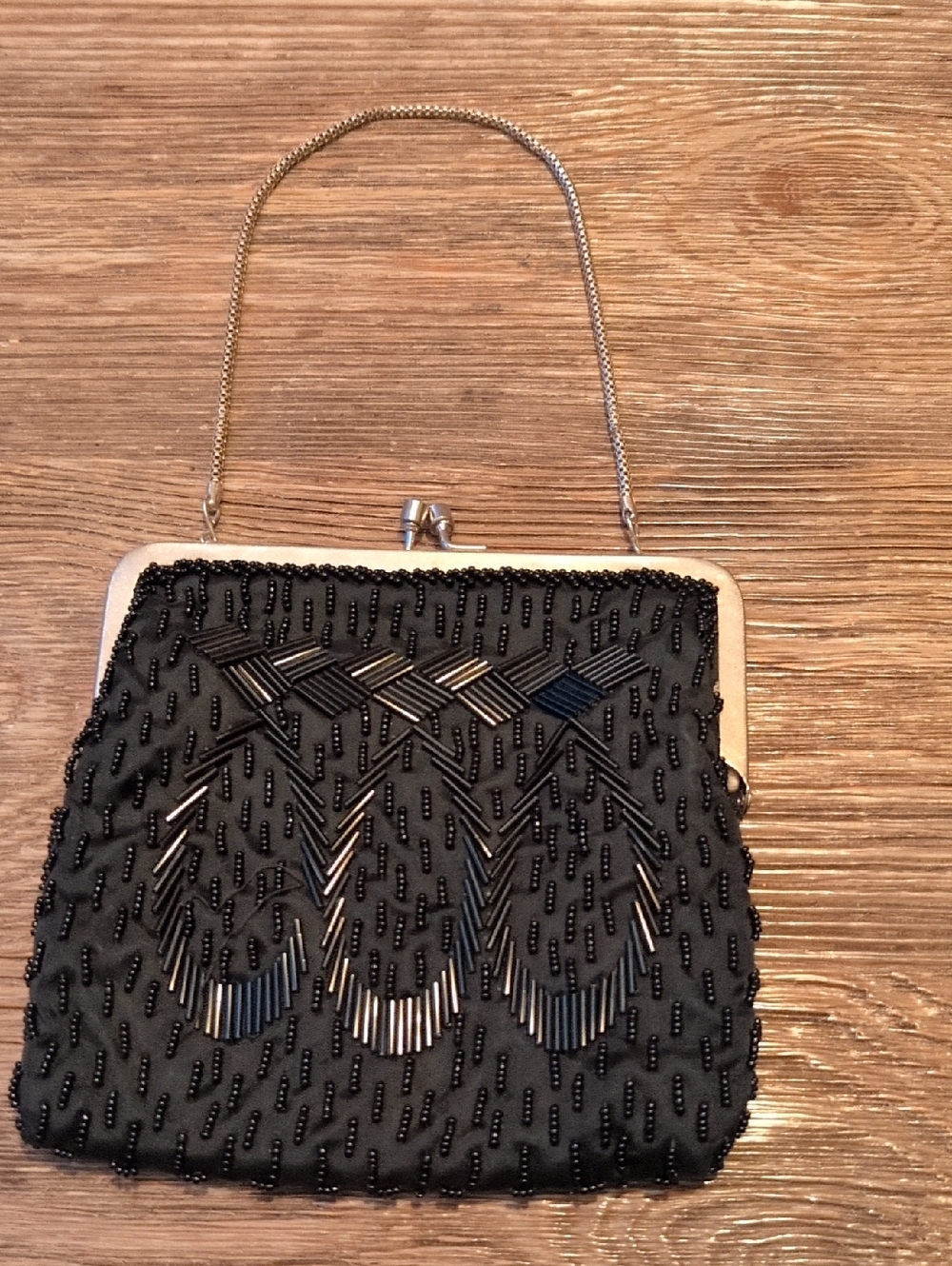 Gorgeous Vintage Mid-Century Black Silk Beaded Evening Handbag - Picture 2 of 8